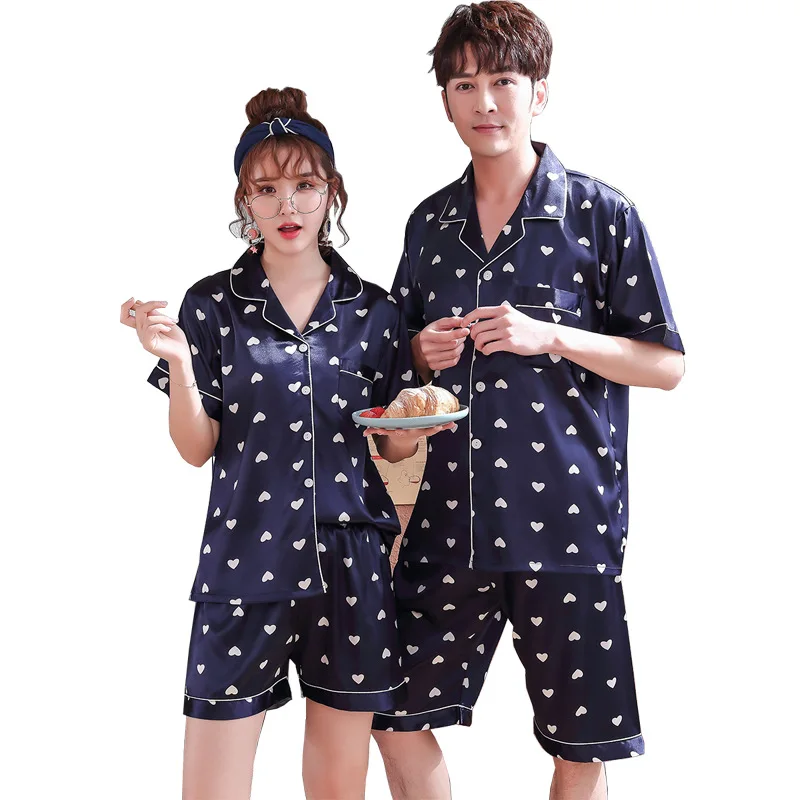 Женская и Мужская атласная пижама с коротким рукавом отложным воротником |