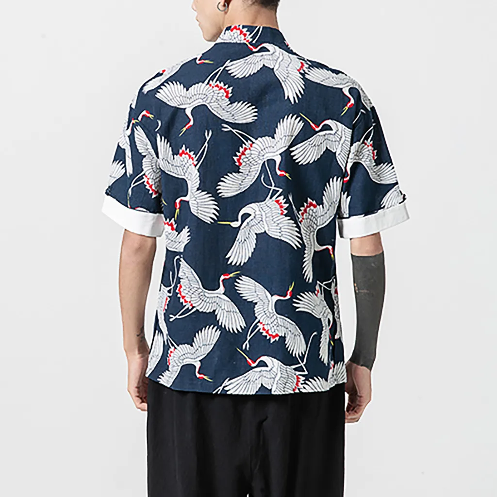 Camisa мужская летняя рубашка с принтом короткий рукав многоцветная со стоячим