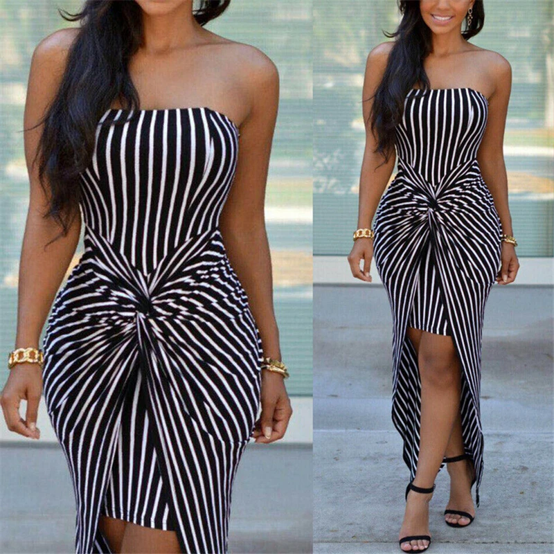 Женское вечернее платье в полоску облегающее без бретелек с открытыми плечами