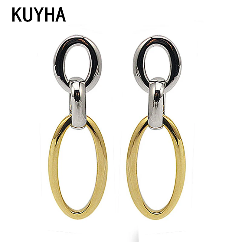 

Luxury Trendy Fashion Womens Charm Dangle Gold and Silver Color 2 Color Stud Earrings with Two Oval Pendant