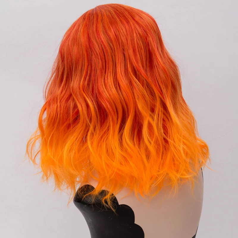Yiyaobess 16inch Short Orange Ombre Wig Synthetic Wavy Hair Colorful Rainbow Cosplay Wigs For Women High Temperature Fiber