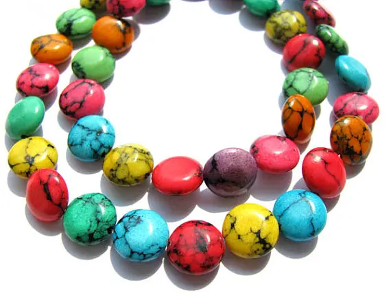 

35%off --4strands 10mm turquoise stone coin roundel green blue yellow pink veins assortment jewelry beads