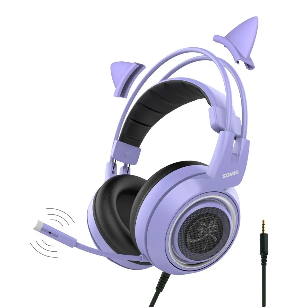 SOMIC G951 фиолетовые Игровые наушники с кошачьими ушками, китайские персонажи, Дизайн 3,5 мм, милые наушники для ПК Xbox one PS4