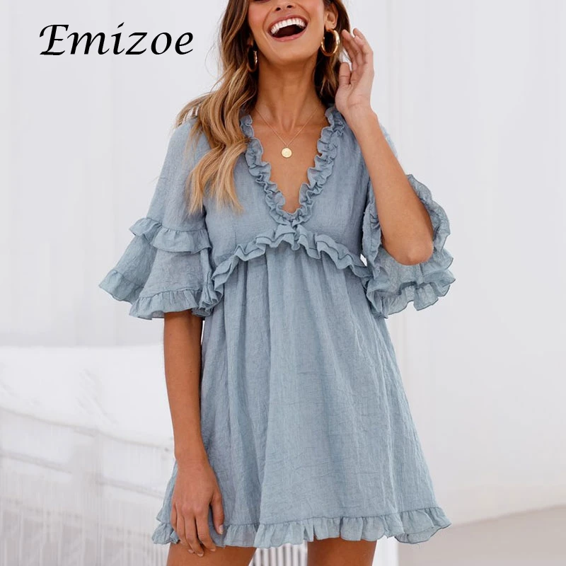 Женское короткое платье с оборками Emizoe вечернее мини без застежки v образным