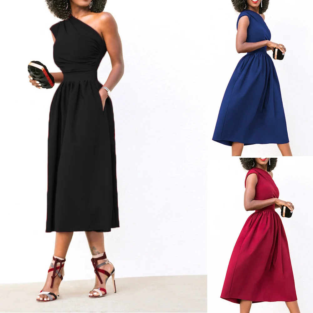Платье без бретелек на одно плечо с высокой талией вечернее однотонное Летнее