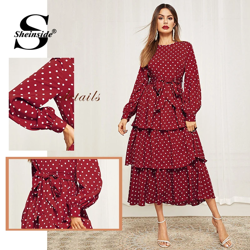 Sheinside, платье в горошек, с поясом, с многослойным подолом, женское,, элегантное, с рукавом Бишоп, платья, облегающее и расклешенное, многослойное, макси платье