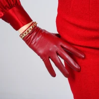 sheepskin gloves womens leather red mid length thin velvet lining warm gloves gold chain tb61