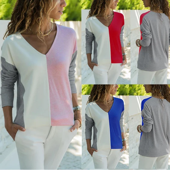 Fashion Women Patchwork Blouse Shirt Sexy V Neck Long Sleeve Tops Female Casual Shirts |