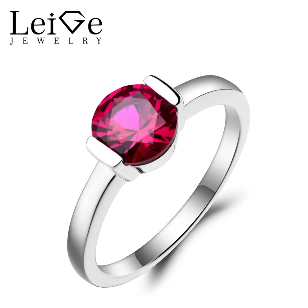 

Leige Jewelry Engagement Ring Ruby Ring July Birthstone Round Cut Red Gemstone Solid 925 Sterling Silver Solitaire Ring for Lady