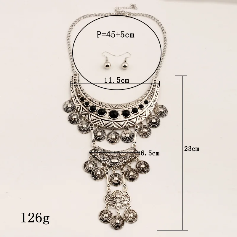 

Bohemian Ethnic Retro Silver Resin Gem Cared Disc Tassel Maxi Long Choker Statement Necklace Ball Earring Jewelry Set