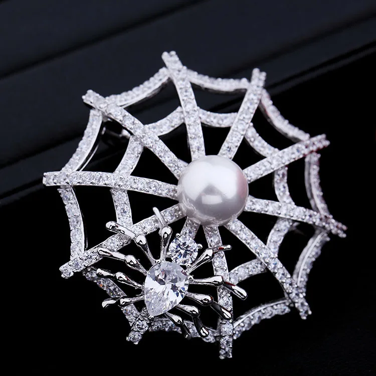 Винтаж Белый перламутр куполообразный CZ паутина брошь серебряного цвета