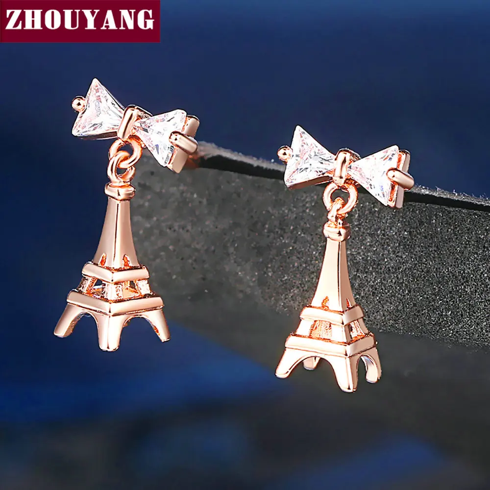 ZHOUYANG, висячие серьги для женщин, Эйфелева башня, форма, уникальный бант, кристалл, розовое золото, серебро, цвет, подарок, модное ювелирное изделие DZE003