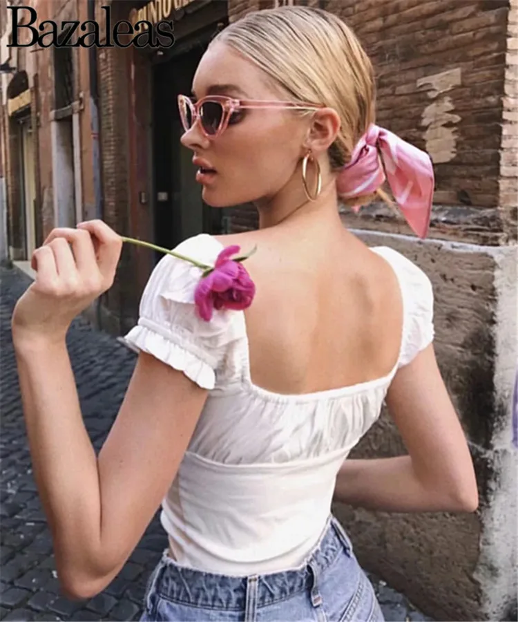 Женская льняная Футболка с рукавами фонариками винтажный кроп топ квадратным