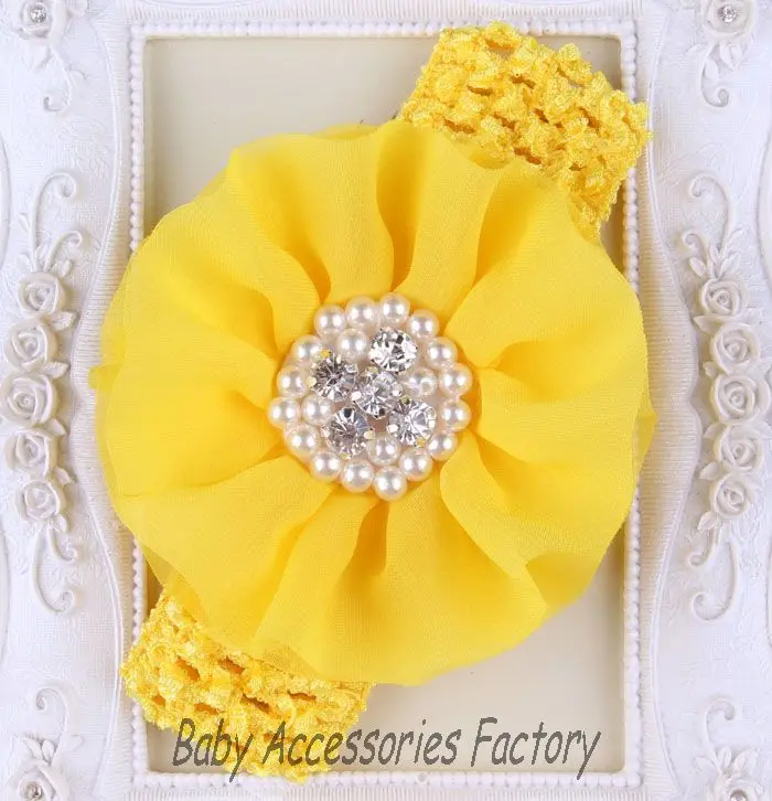 (2 шт./лот) Детские вязаные крючком шифоновые цветочные повязки с жемчужными