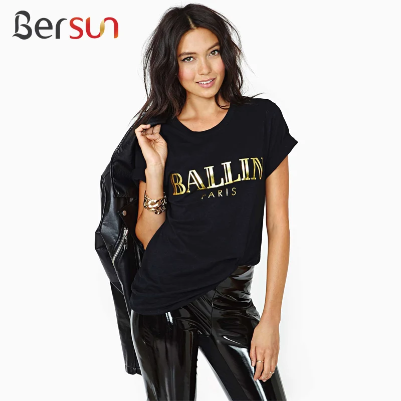 Bersun 2015 Summer Fashion Women T Shirt Letter BALLIN Bronzing Print Tops Tee Black O-neck Volumes Sleeve T-shirt | Женская одежда