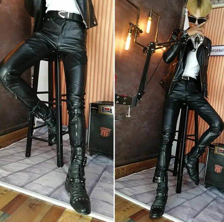 velvet personality fashion motorcycle leather pants mens feet pants pu tight trousers for men pantalon homme splice warm