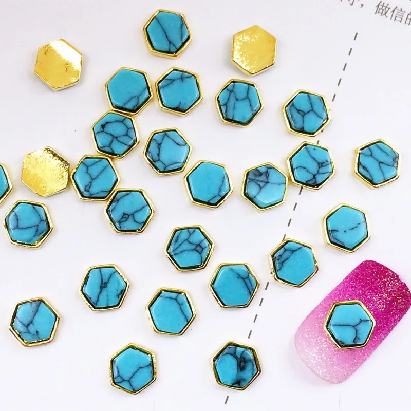 10Pcs/Lot New 6*7mm Hexagonal with Turquoise Stone Metal Alloy Nail Art Decorations Stickers for Manicure | Красота и здоровье
