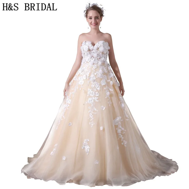 

Свадебное платье с кружевной аппликацией H & S, винтажное платье цвета шампанского с 3D цветами