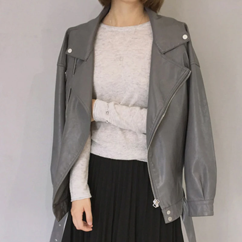 PERHAPS U Women PU Faux Leather Bomber Jacket Handsome Black Gray Long Sleeves Pocket Solid Zipper Thin Section C0079