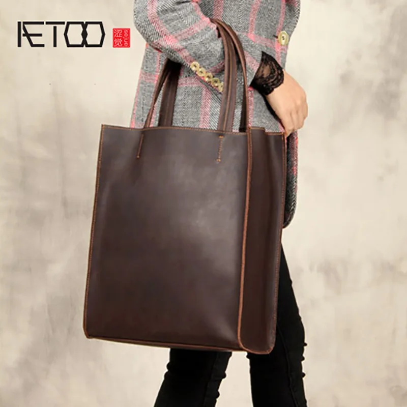 

AETOO Leather men's vertical simple leather shoulder cross bag, men's crazy horse leather hand-held shopping bag