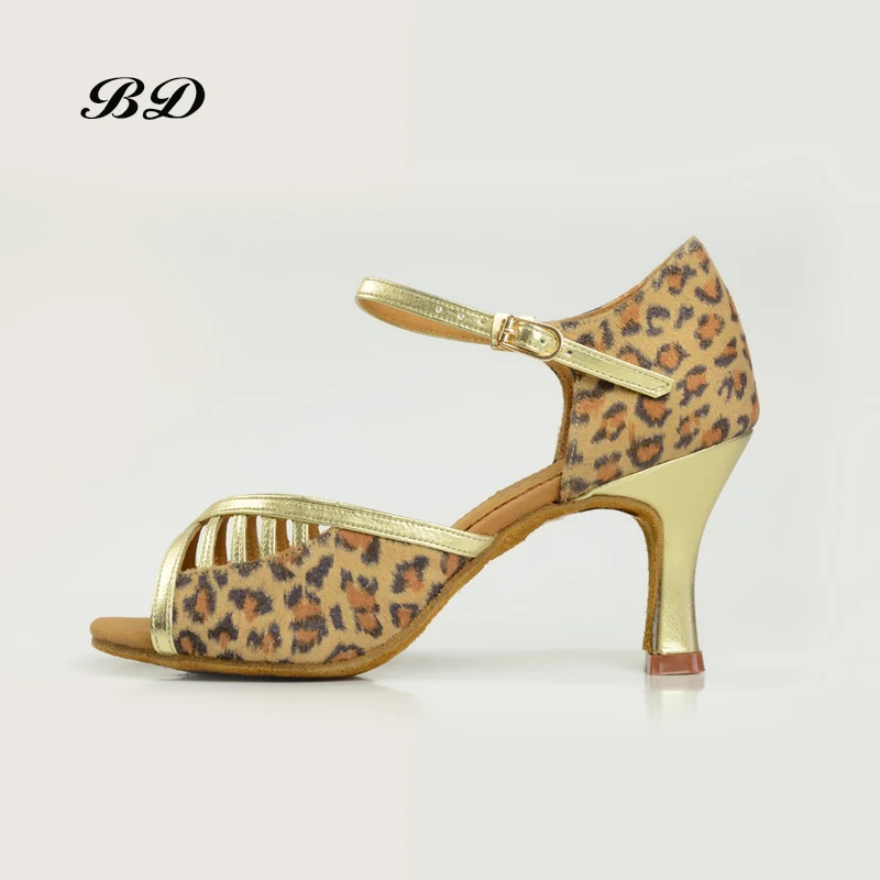 Женские туфли для латиноамериканских танцев BD бальных с леопардовым принтом на