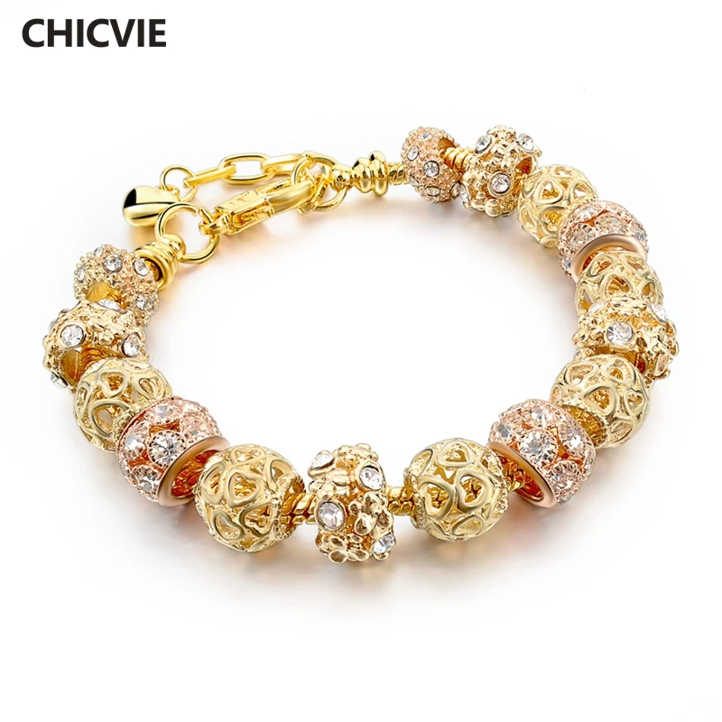 

CHICVIE Crystal Gold Hollow Heart Charm Bracelets Bangle For Women Silver Stainless Steel Jewelry Adjustable Bracelet SBR150325