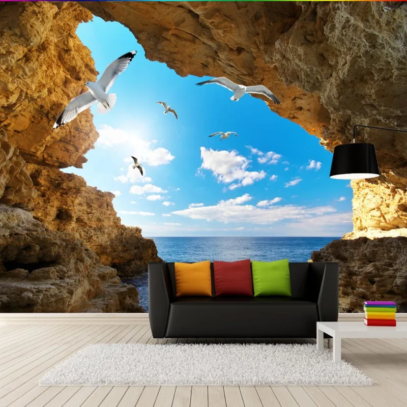 Фотообои на заказ 3D морской остров пещера Чайка роспись естественный пейзаж