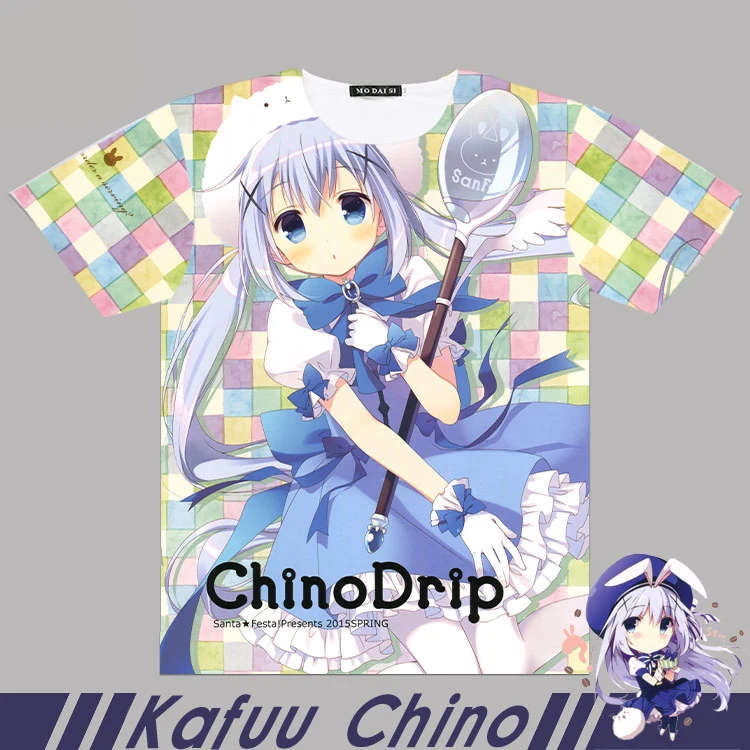 Мужская Женская футболка аниме заказывает кролик? Kafuu Chino Косплей Полный