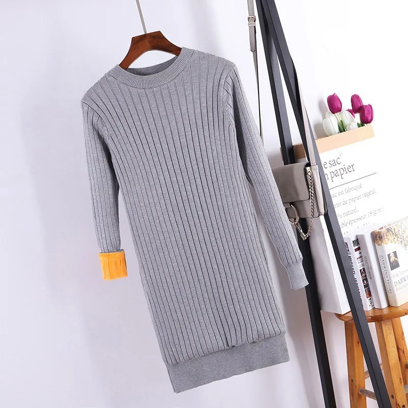 Grey 007 GIGOGOU M-2XL, толстый теплый бархатный женский свитер, трикотажный пуловер в рубчик, мини-платье с длинным рукавом для женщин и девушек, Короткие облегающие платья - Цвет: Grey 007