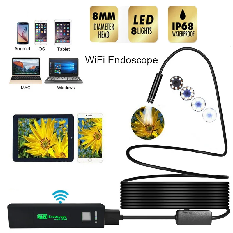 Водонепроницаемая камера эндоскоп 8 мм HD 1200P Wi Fi|Бороскопы| |