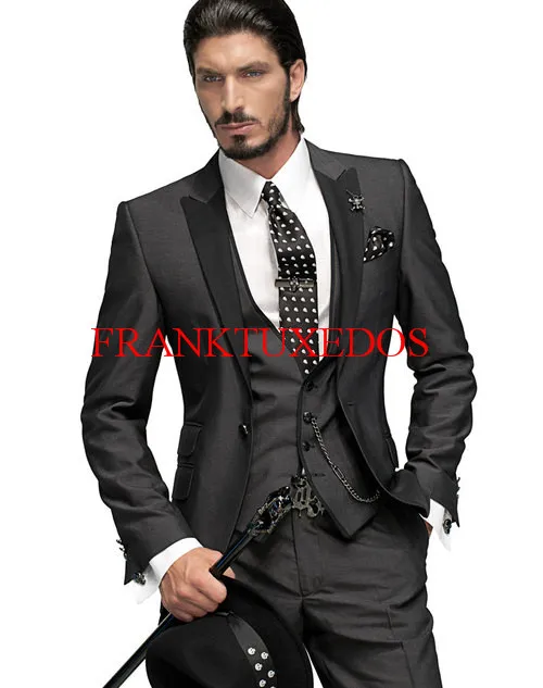 Индивидуальные деловые мужские костюмы, пиджак, свадебные костюмы, смокинг, костюм для жениха для мужчин, серый, черный смокинг (Блейзер + брюки + жилет + галстук)