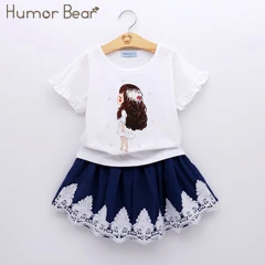 Humor Bear/Коллекция года, одежда для девочек Новая летняя детская футболка на бретельках с кружевом и бантом+ короткие штаны в полоску комплекты детской одежды без рукавов