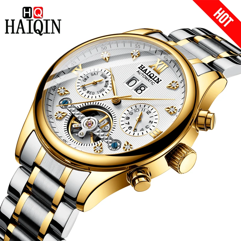 2020 HAIQIN Brand Automatic mechanical Men Watch Business Watch steel Waterproof Male Wristwatch Tourbillon Self-winding Clock