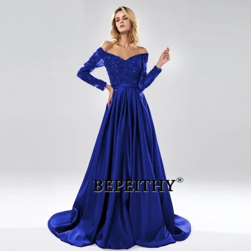BEPEITHY Robe De Soiree с открытыми плечами длинное вечернее платье трапециевидной формы, вечерние, элегантные,, полный рукав, фиолетовый кружевной лиф, платье для выпускного вечера