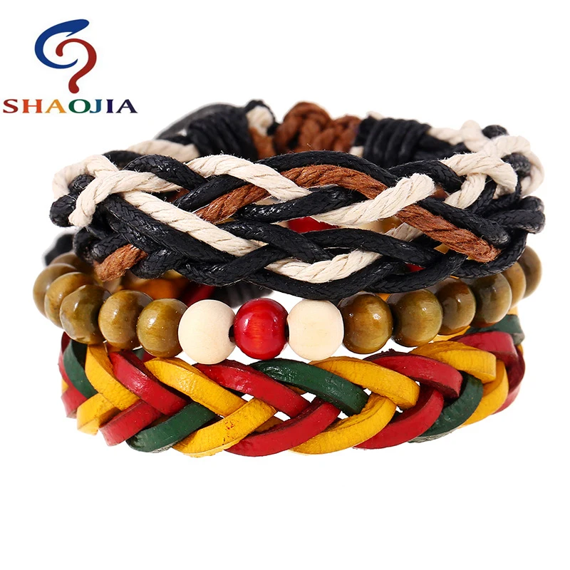Японский регги красный желтый зеленый вязаный кожаный браслет браслеты Будды