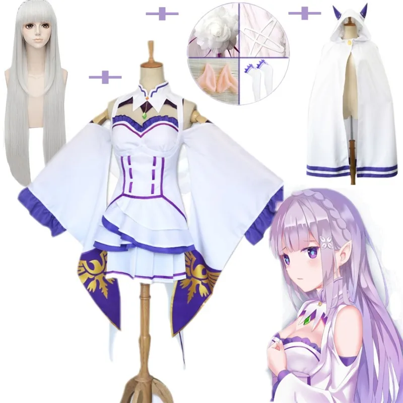 10 шт./компл. платье Emilia Re Zero косплей наборы парик женское для косплея Эмилия