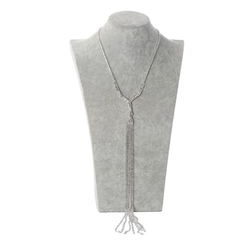 European and American bride wedding temperament multi-layer silver color-plated water drill claw chain suit Necklace Earrings | Украшения и