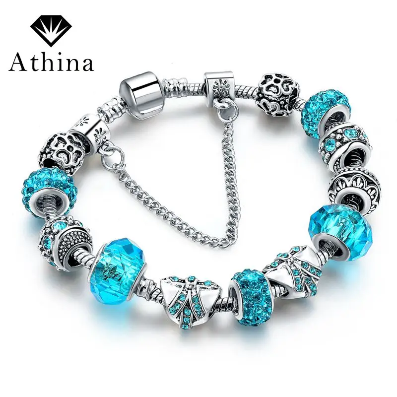 

2017 New Fashion Blue Crystal Charms Bracelets For Women Silver Color Bracelets & Bangles Pulsera DIY Jewelry SBR160291