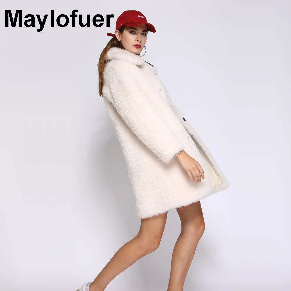 Maylofuer Новые поступления Бежевая натуральная шерстяная шуба Мода Тедди Пальто Зимняя теплая меховая куртка