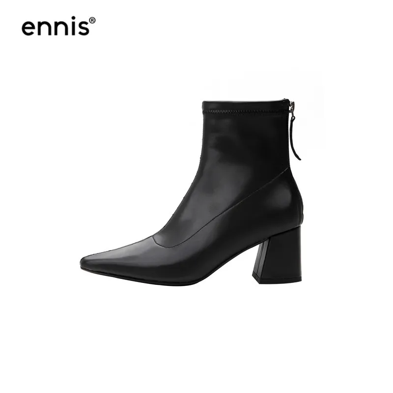 Black ENNIS/ г. женские ботильоны с острым носком Модные женские ботинки на высоком каблуке из мягкого шелка Осенняя обувь на молнии черного и коричневого цвета ботинки A9114 - Цвет: Black