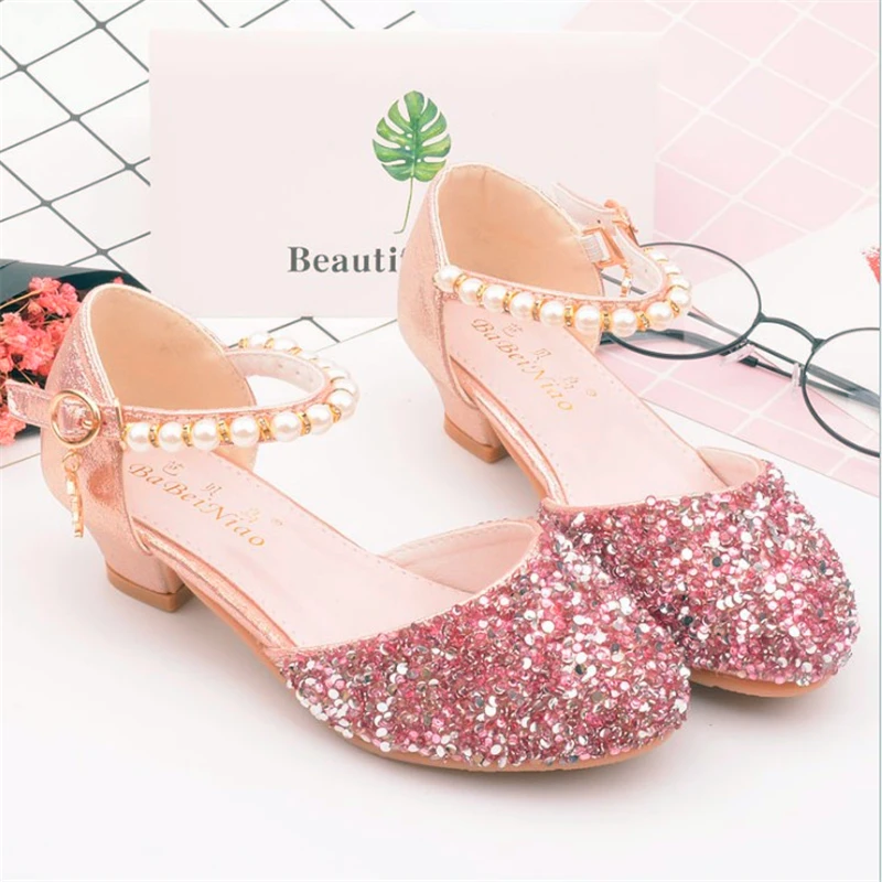 Spring Autumn New Children Leather Shoes Casual Girls Princess Small high-heeled Party Fashion Sequins Pearl Kids |