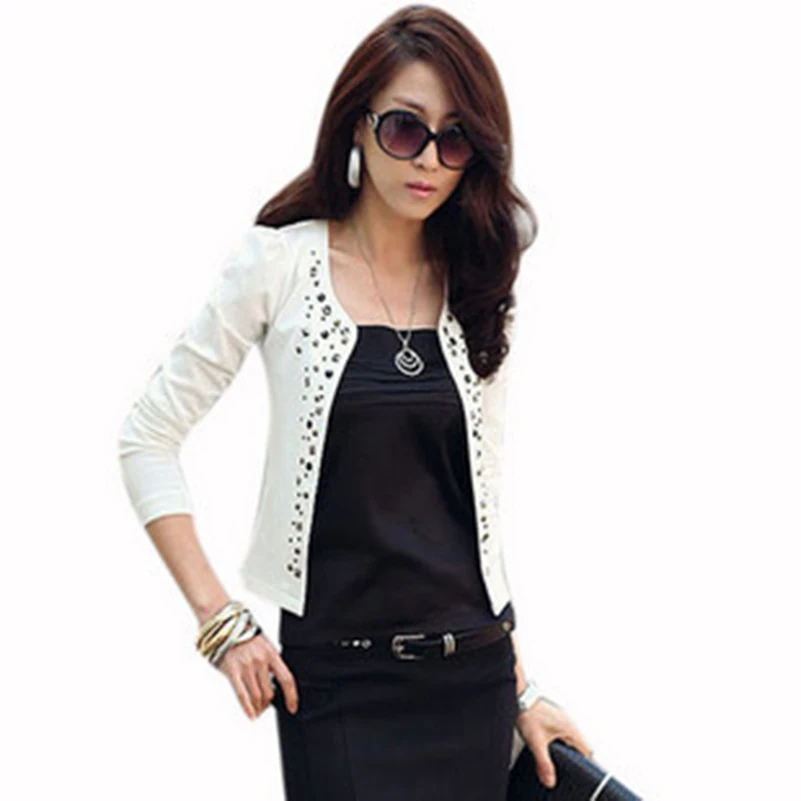 Женские блейзеры и куртки, женские тонкие черные белые костюмы с длинным рукавом, Короткие блейзеры с заклепками, модные повседневные блейзеры, офисные женские Пиджаки