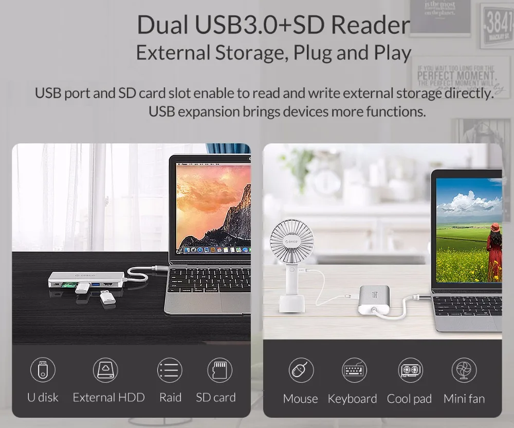 ORICO USB C концентратор type C-HDMI RJ45 VGA для MacBook samsung HUAWEI type C USB 3,0 концентратор 15 см usb-хаб