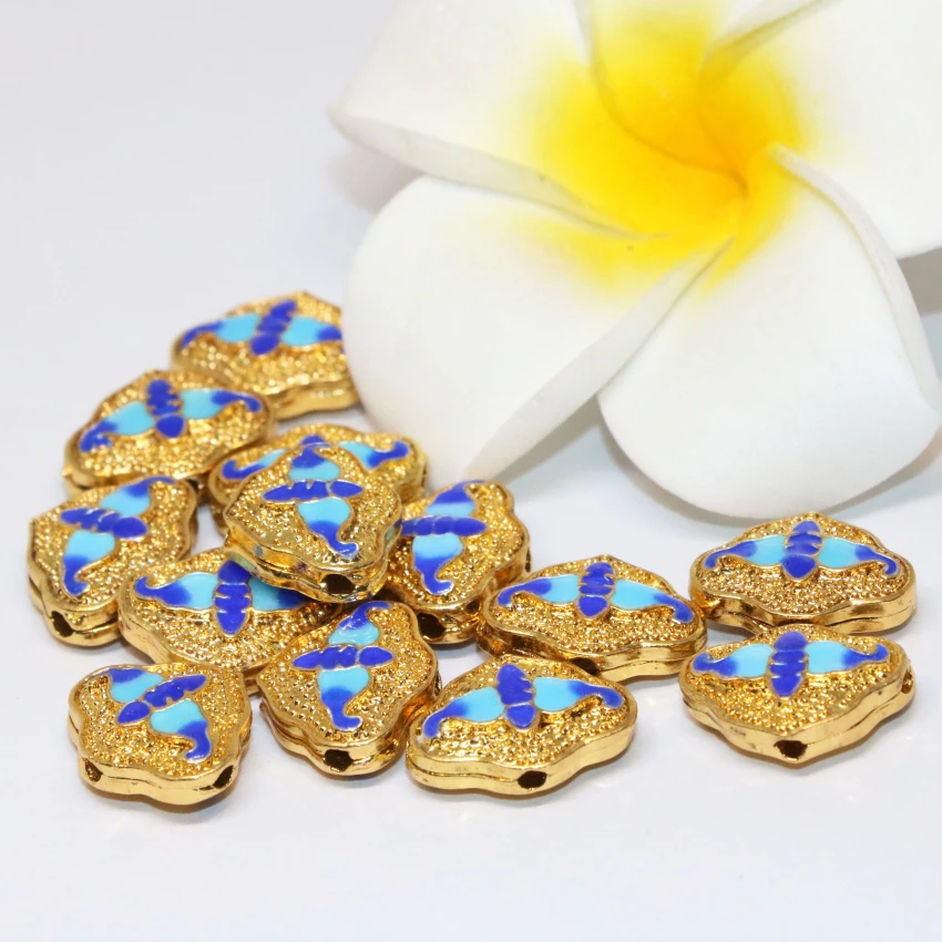 

Wholesale 13*16mm gold-color cloisonne carved blue enamel spacers beads accessories 10pcs high quality jewelry findings B2457