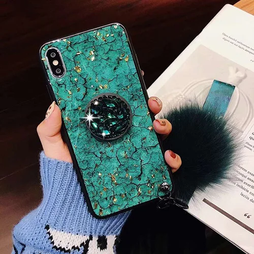 green Note10PRO Блестящий самодельный меховой шарик для волос+ Кристальный кронштейн+ ремешок чехол для телефона для samsung S8 S9 S10 Plus Note 8 9 для iphone 11 Pro MAX 7 8Plus XS MAX XR - Цвет: green