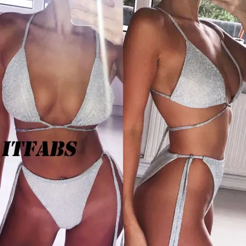 2018 Новый сексуальный женский серебристый комплект бикини бандаж пуш ап мягкий