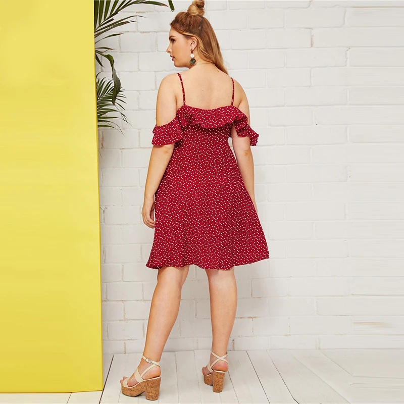 SHEIN, платье трапециевидной формы размера плюс с оборками и открытыми плечами, с принтом в виде конфетти и сердца,, женские летние платья с высокой талией в стиле бохо