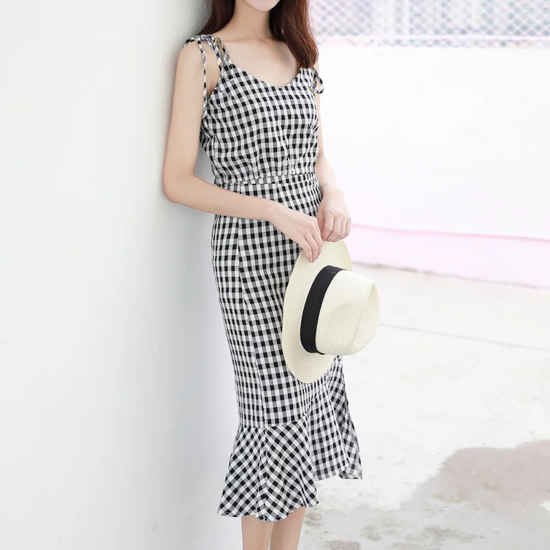 

Customize Women Casual Plus Size Sweet Plaid Printing Short Spaghetti V Neck Top + Knee Length Mermaid Fishtail Skirt 2pcs Sets