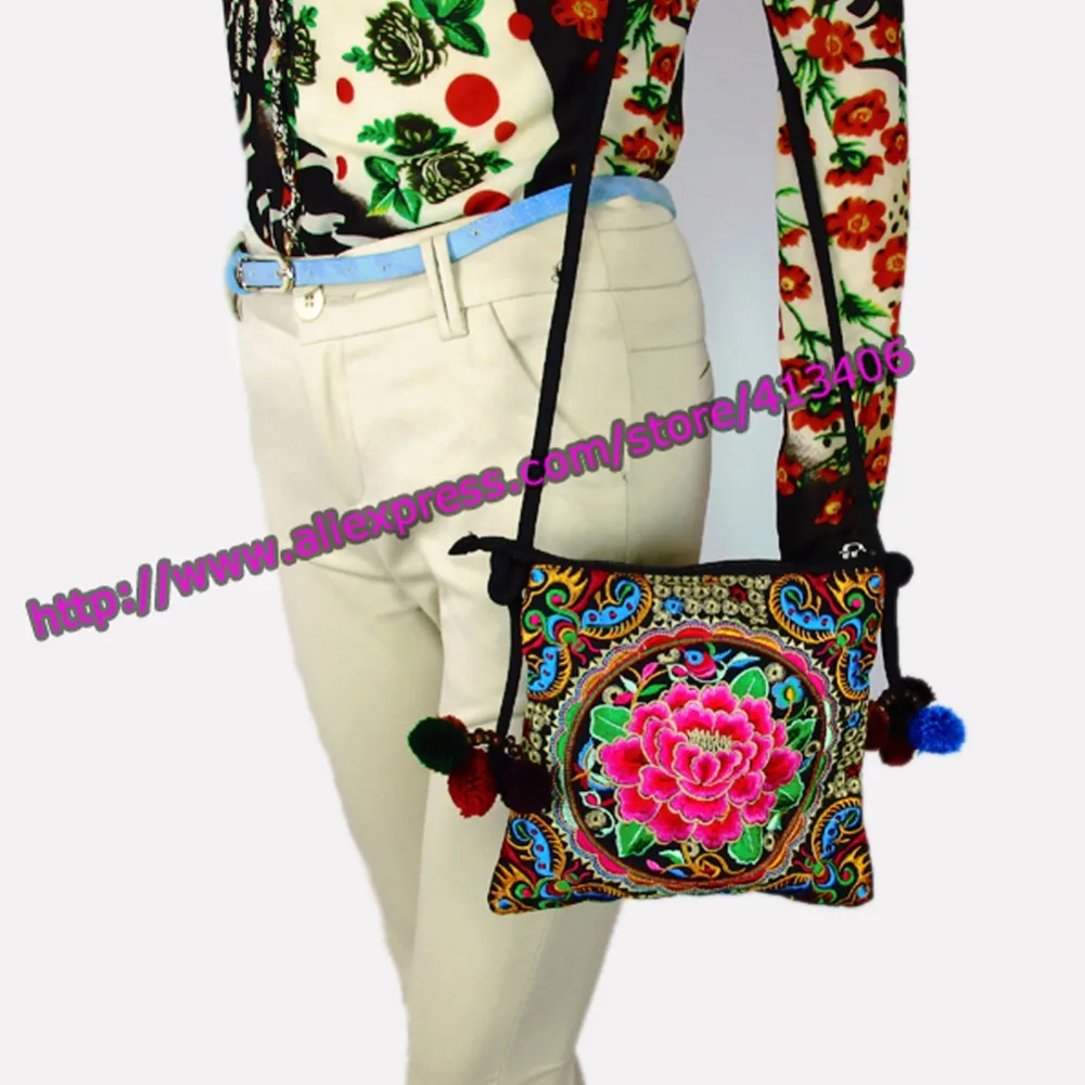 Hmong Tribal Ethnic Thai Indian Boho shoulder bag messenger embroidery pom charm trim SYS-305 | Багаж и сумки