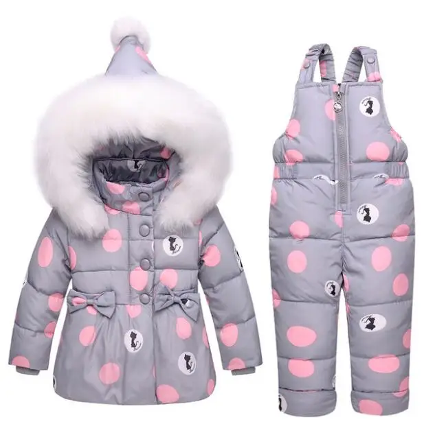 Big Polka Dot White Duck Down Winter Overalls For Girls Down Jacket and Pants Baby Snowsuit Newborn Infant Winter Clothing Set - Цвет: Серый
